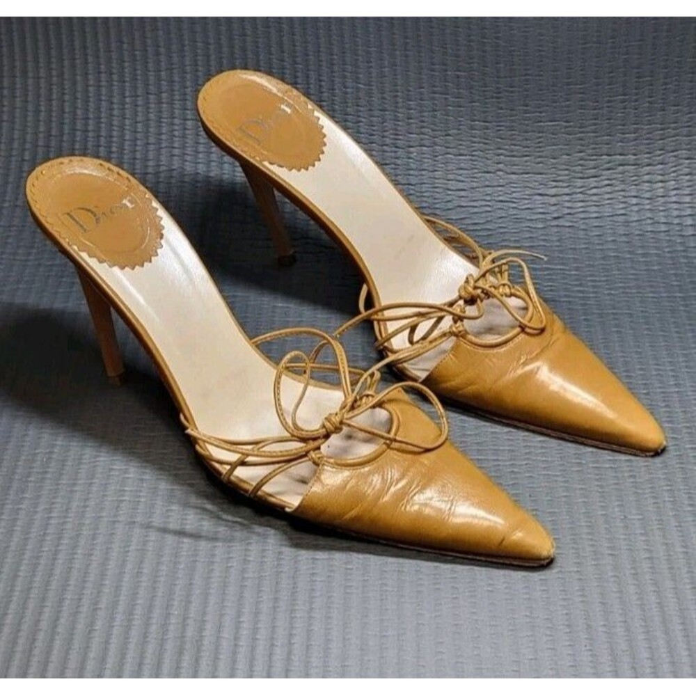 Vtg Christian Dior by John Galliano 2000s Leather Lace Up Mules Pointed Toe EU39